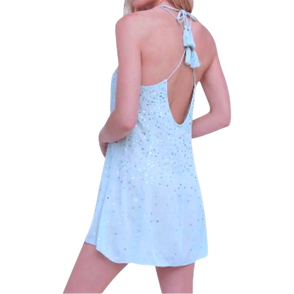 Free People Seeking Sequins Slip Dress XSmall 0 2 Blue Cross Back Tassel Ties - Picture 6 of 16
